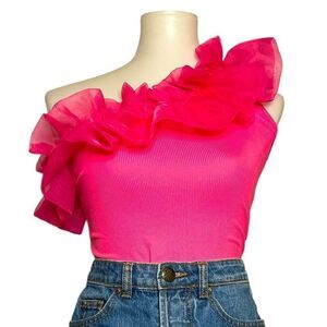 NWT SHEIN Bright pink one shoulder poof neck, crop tank. Ribbed.​​​​​​​​​